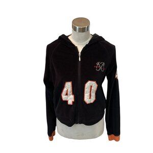 Vintage Meow Meow Womens Cropped Black Embellished Velour Hoodie Size Large
